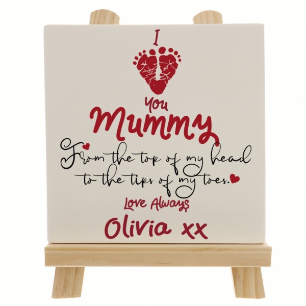 Personalised I Love You Mummy With Heart Shaped Baby Footprints Ceramic Tile Print